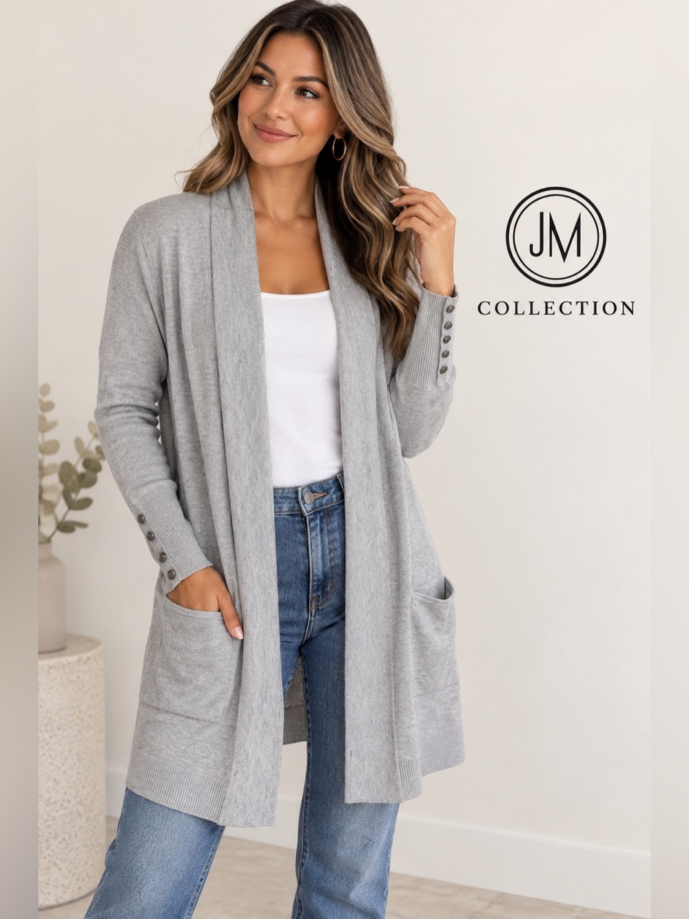 JM Collection Gray Open-Front Cardigan Sweater Size M